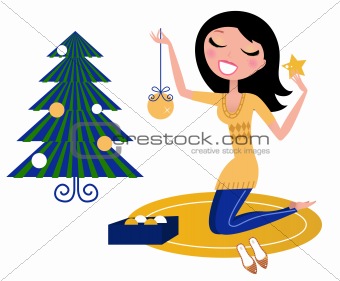 Happy Woman preparing Christmas Tree isolated on white


