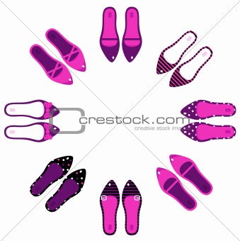 Pink and black retro shoes in circle isolated on white

