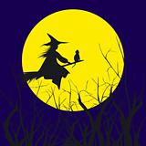 Halloween background silhouette of a witch flying in a broom wit