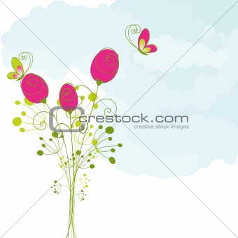 Springtime colorful butterfly red rose greeting card