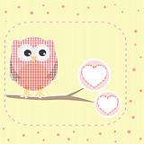 vector autumn love background with textile owls sitting on branch with heart
