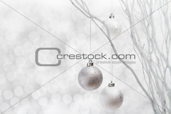 Silver christmas decorations hanging on white twigs