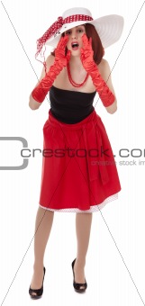 Shouting fashion girl in retro style with big hat