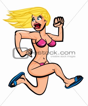 Bikini girl running in terror. Isolated on white