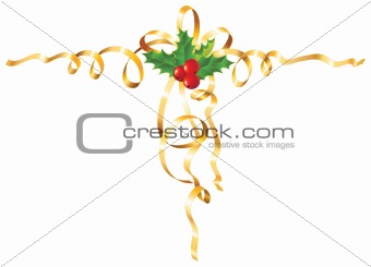 Christmas Holly with gold ribbon / vector