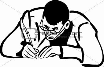 sketch of a man with glasses writing quill pen