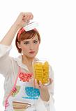 Beautiful cooking woman in apron with italian pasta. isolated