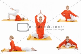 collage yoga photos. young woman doing yoga exercises
