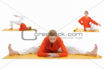 collage yoga photos. young woman stretching