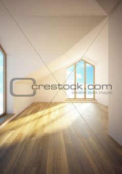 empty mansard room with windows