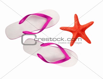 beach shoes and red seastar isolated on white