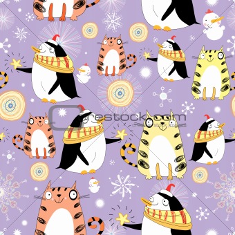 funny texture with cats and penguins