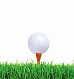 Golf ball on green grass over white background