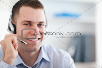 Close up of call center agent helping costumer