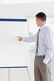 Businessman pointing at the middle of a flip chart