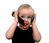 funny little girl talking on the two phones, isolated on white