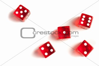 five red dice view from above