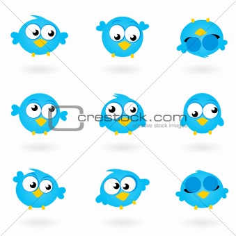 Cute blue vector Twitter Birds icons collection isolated on whit