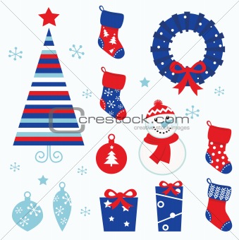 Christmas cartoon icons & elements isolated on white (red, blue)