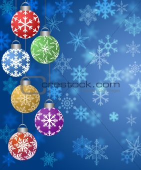 Hanging Ornaments on Blurred Snowflakes Background