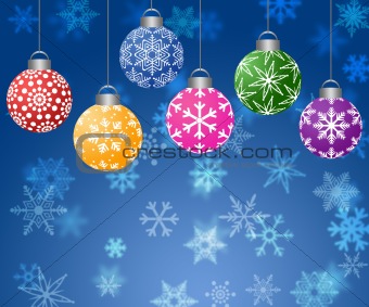 Hanging Ornaments on Blurred Snowflakes Background Horizontal