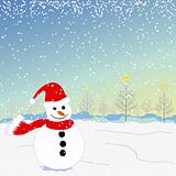 Christmas greeting snowman on white snow land 