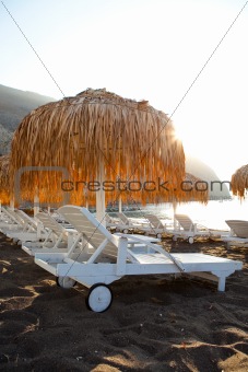 Sunbeds in Perissa, Santorini, Greece