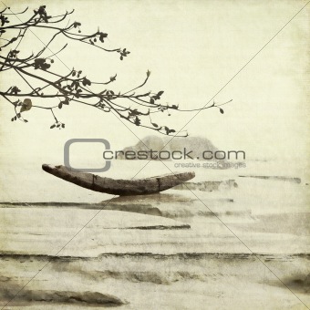 Fishing Boat and Almond Tree Art Background