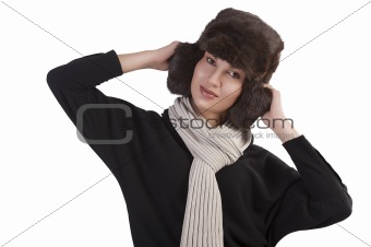 girl with fur hat and with scarf with fun pose