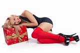 sensul girl laying with gift box