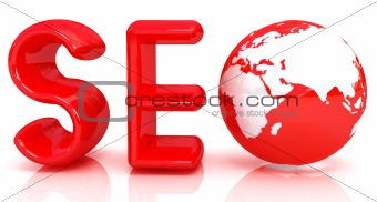 3d illustration of text 'SEO' with earth globe, search engine op