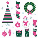 Christmas cartoon icons & elements isolated on white (green, pin