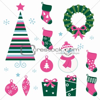 Christmas cartoon icons & elements isolated on white (green, pin