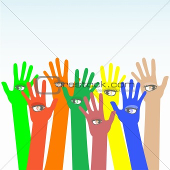 happy multicolored vector hands with beautiful eye
