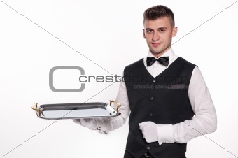 Haughty waiter holding an empty tray to place your product