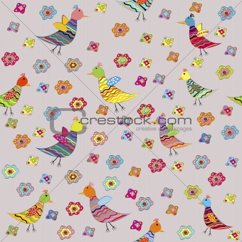 Seamless pattern with birds and flowers, for kids