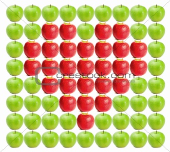Green wet apples with red apples in between