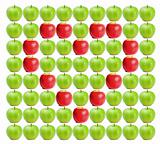 Green wet apples with red apples in heart shape in between