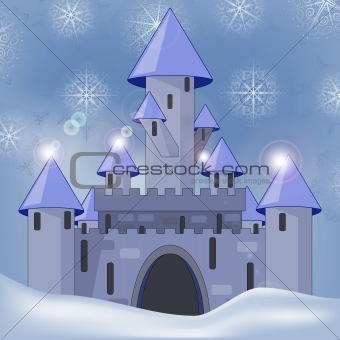 vector cartoon castle in witer at night
