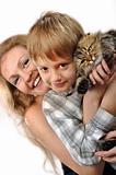 happy mother and son with a cat