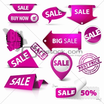 Collection of vector purple sale tickets, labels, stamps, stickers