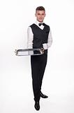 Haughty waiter holding an empty tray to place your product