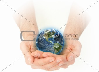 Masculine hands holding the Earth