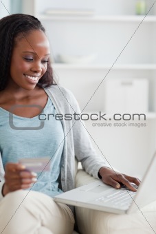 Close up of woman shopping online
