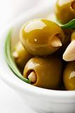 Closeup of almond stuffed olives