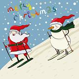 Cartoon santa and snowmen ski