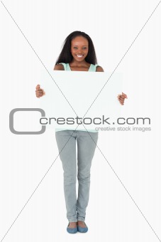 Woman with placeholder on white background