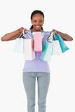 Close up of woman with her shopping on white background
