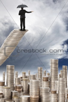 businessman standing on the money stair and watching the storm coming