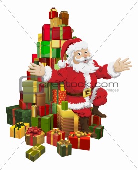 Santa sitting on a pile of gifts waving